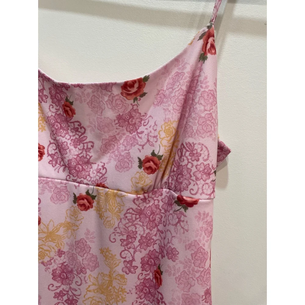 Vintage Y2K Pelican Cove Babydoll Dress L Pink Floral Spaghetti Strap Asymmetric - Picture 2 of 9